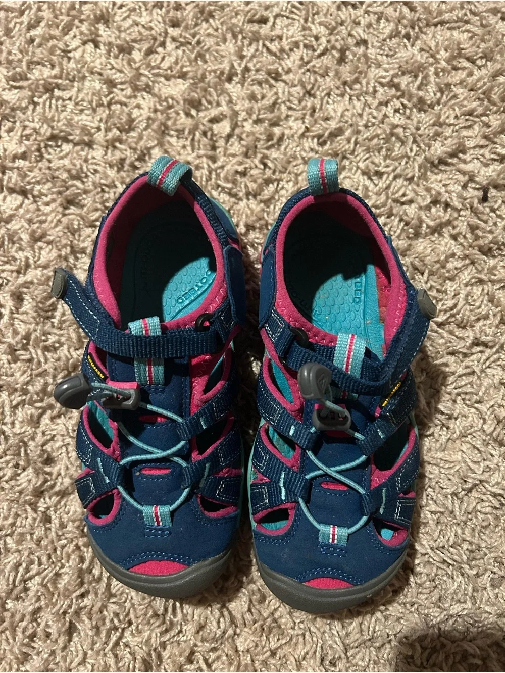 Keen Kids Navy, Pink & Teal Closed-Toe Water Shoes *writing on bottom of shoe*